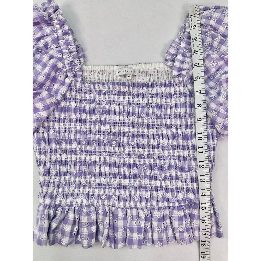 NWOT English Factory Smocked Gingham Puff Sleeve Blouse Square Neck Lavender XS - Picture 7 of 9